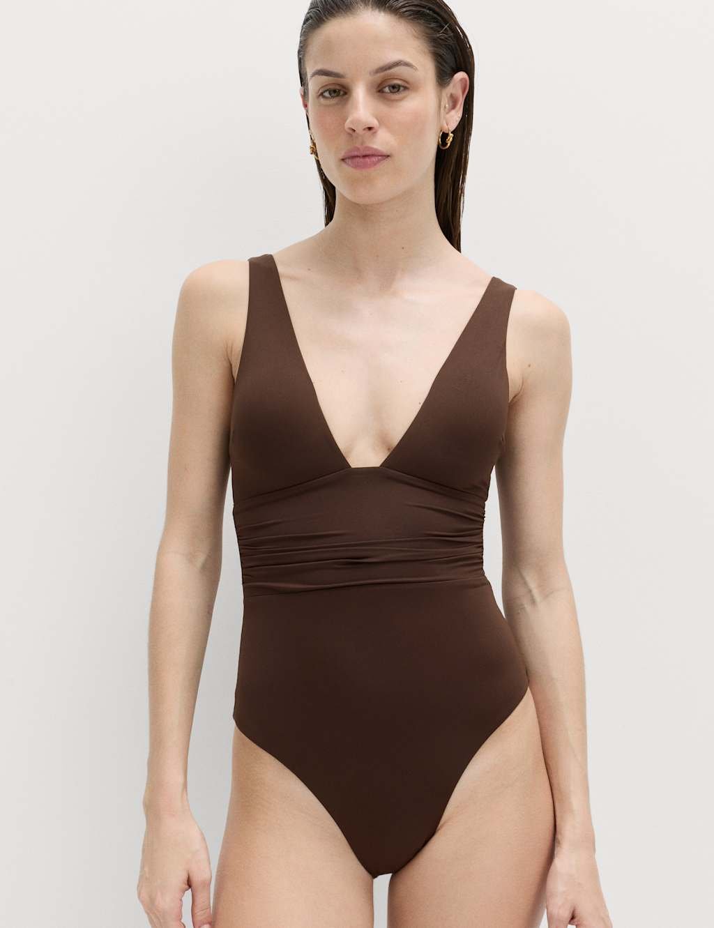 Marks & Spencer M&S Tummy Control Deep Plunge Swimsuit Peat - 1