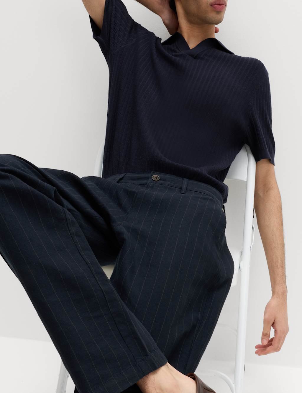 Marks & Spencer M&S Regular Fit Cotton Linen Blend Chinos Navy/Grey - 4