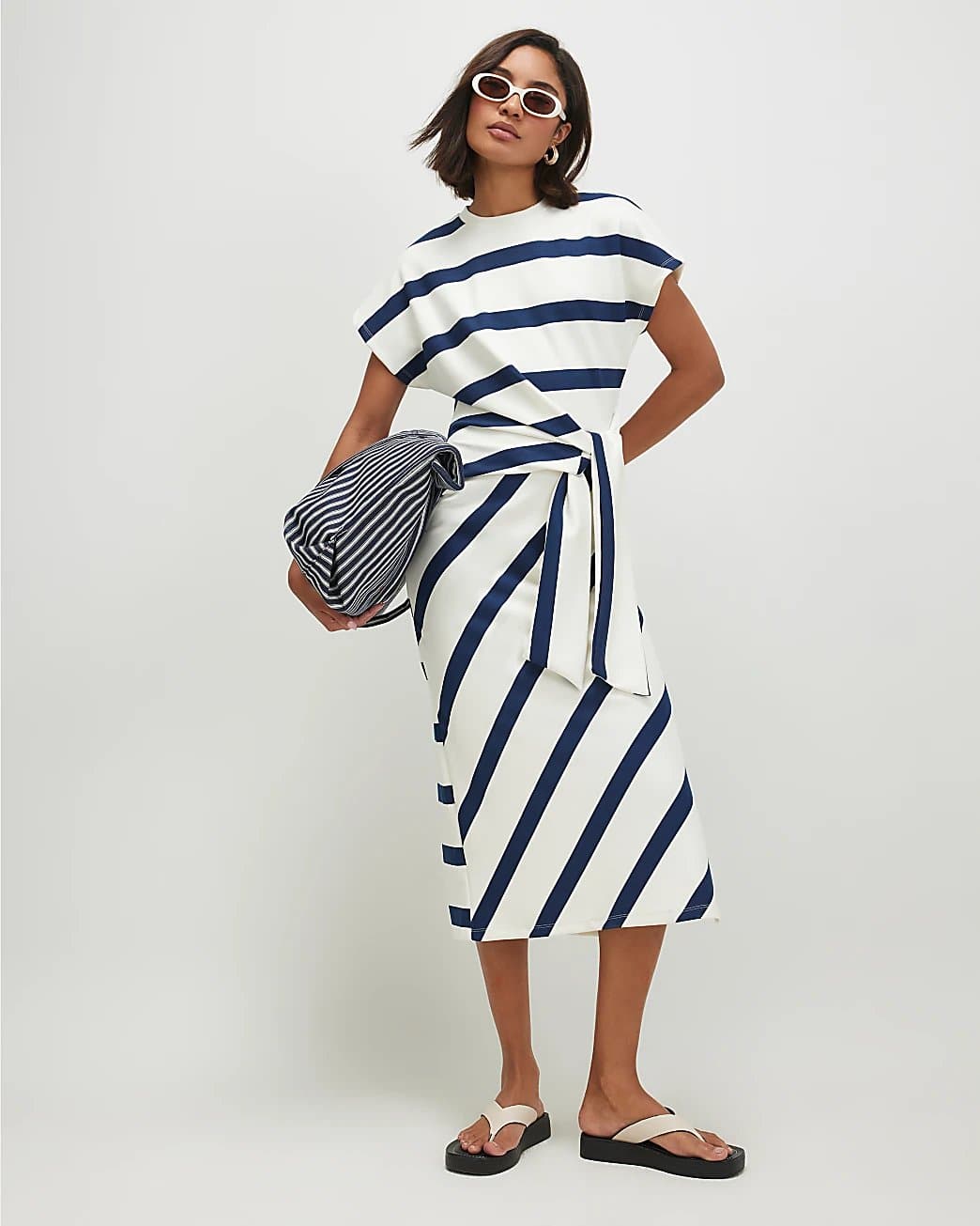 River Island River Island Womens Cream Premium Stripe Tie Side Midi Dress