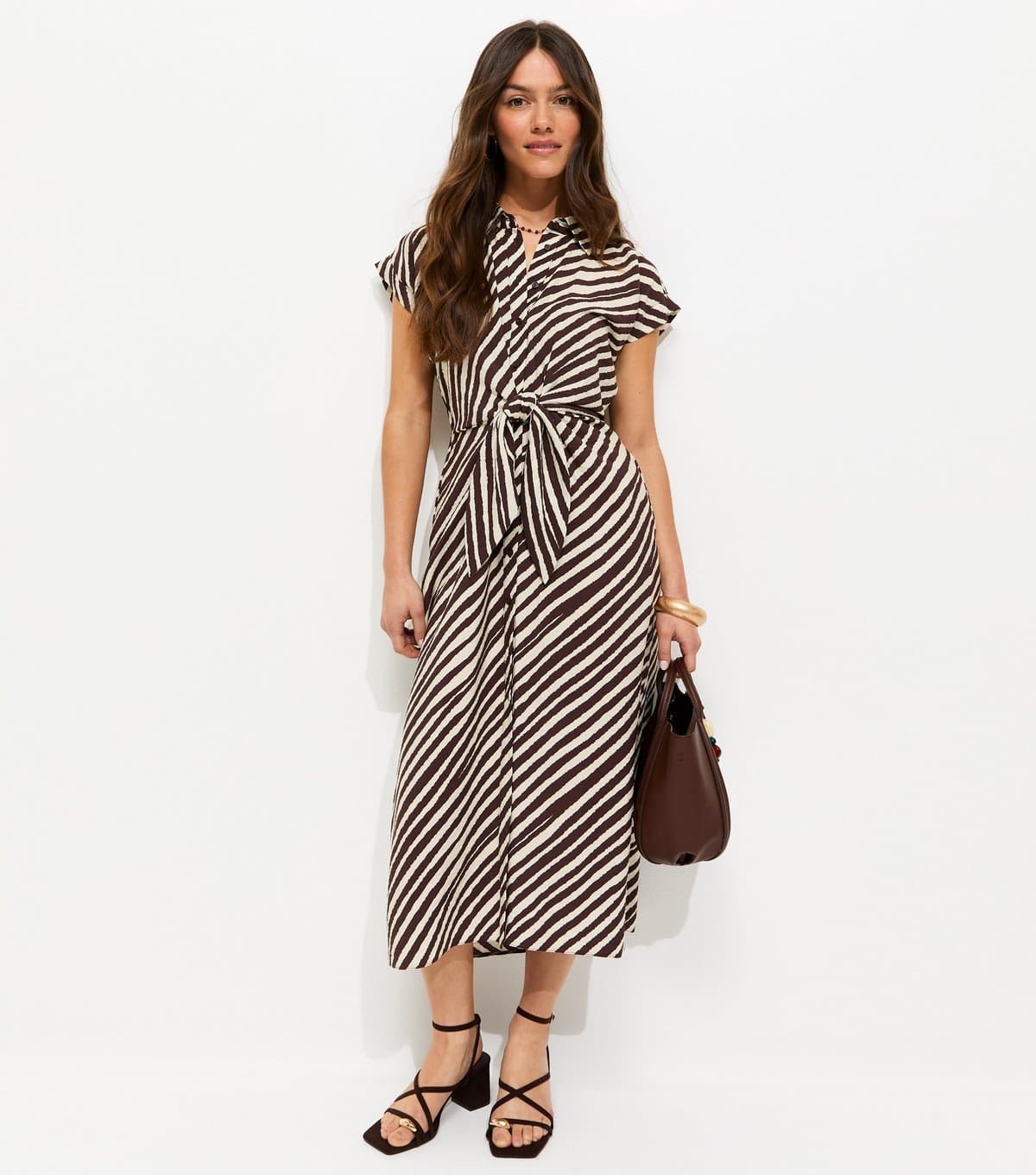 New Look Women's Petite Brown Stripe Print Twist Front Short Sleeve Midi Dress New Look