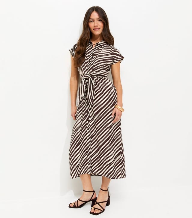 New Look Women's Petite Brown Stripe Print Twist Front Short Sleeve Midi Dress New Look - 3