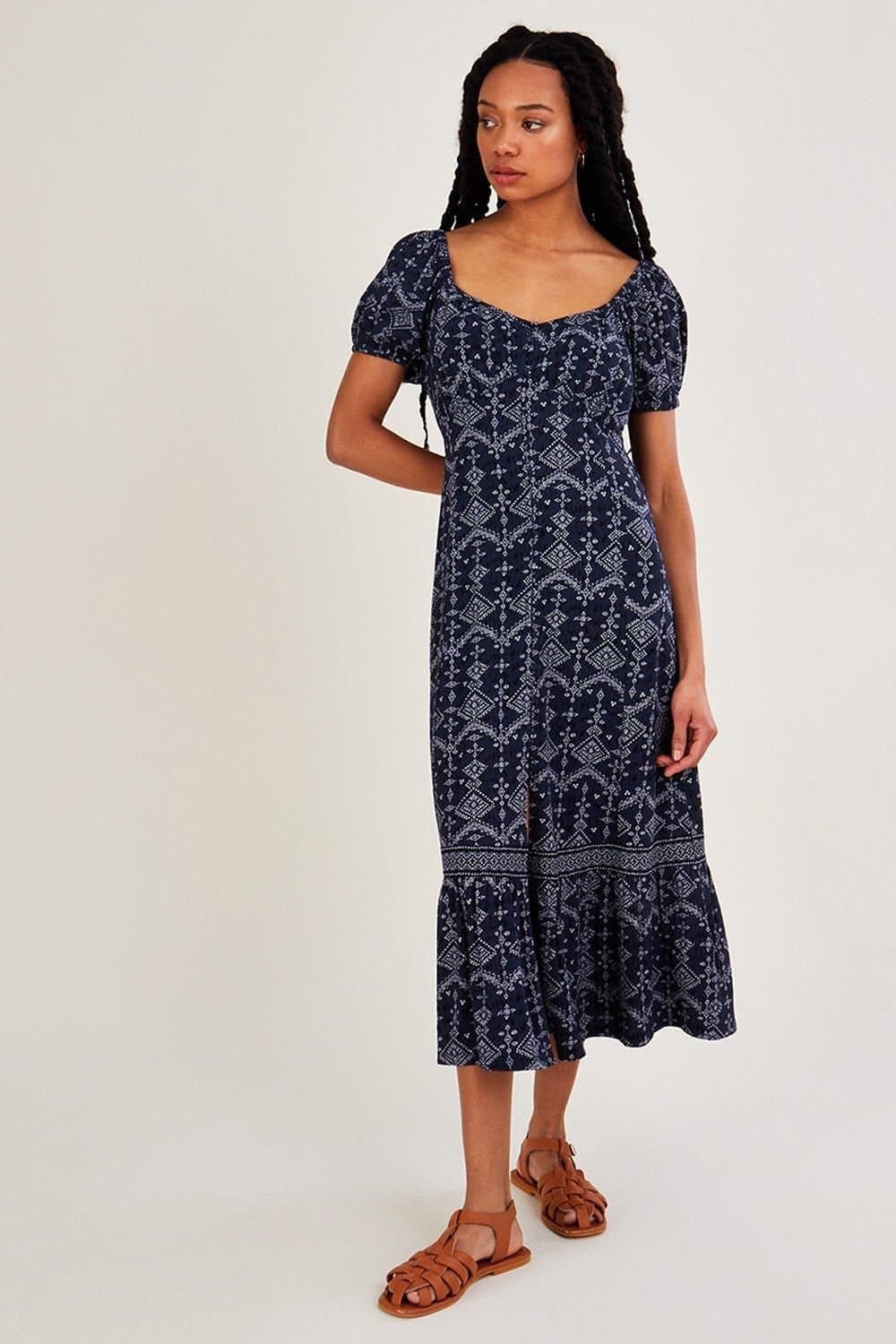 Monsoon Monsoon Women's Square Neck Jersey Print Dress in Blue