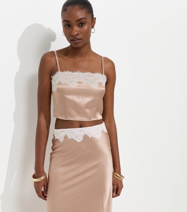New Look Women's Mink Satin Contrast Lace Trim Cropped Cami Top New Look - 2