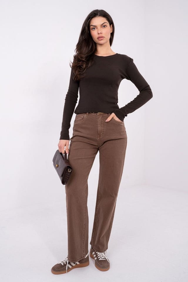 Love Lace Love Lace Women's Embroidered Cotton Fitted Long Sleeve Blouse in Brown - 2