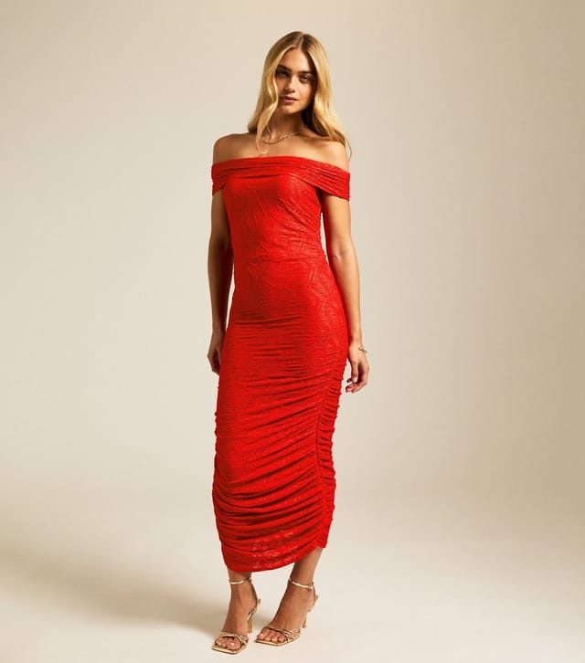 New Look Women's Bright Red Textured Bardot Midi Dress New Look - 3