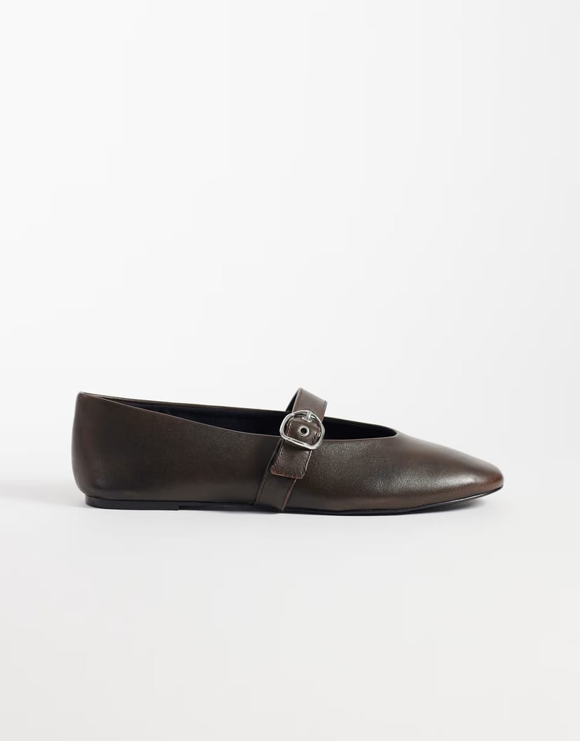 ASOS Mango 100% leather strap detail flat shoe in brown - 1