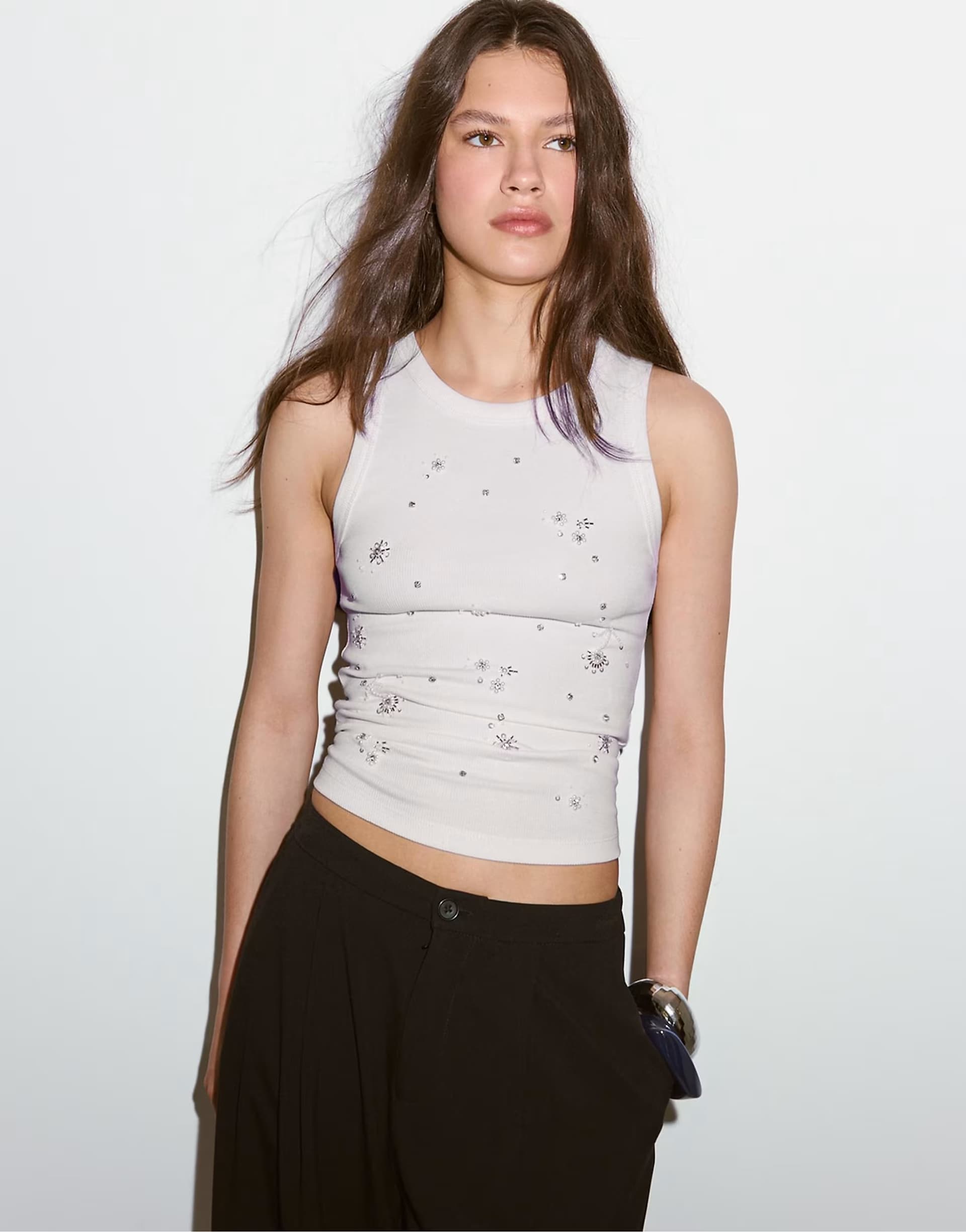 ASOS Stradivarius Jewelled racerback t-shirt in white