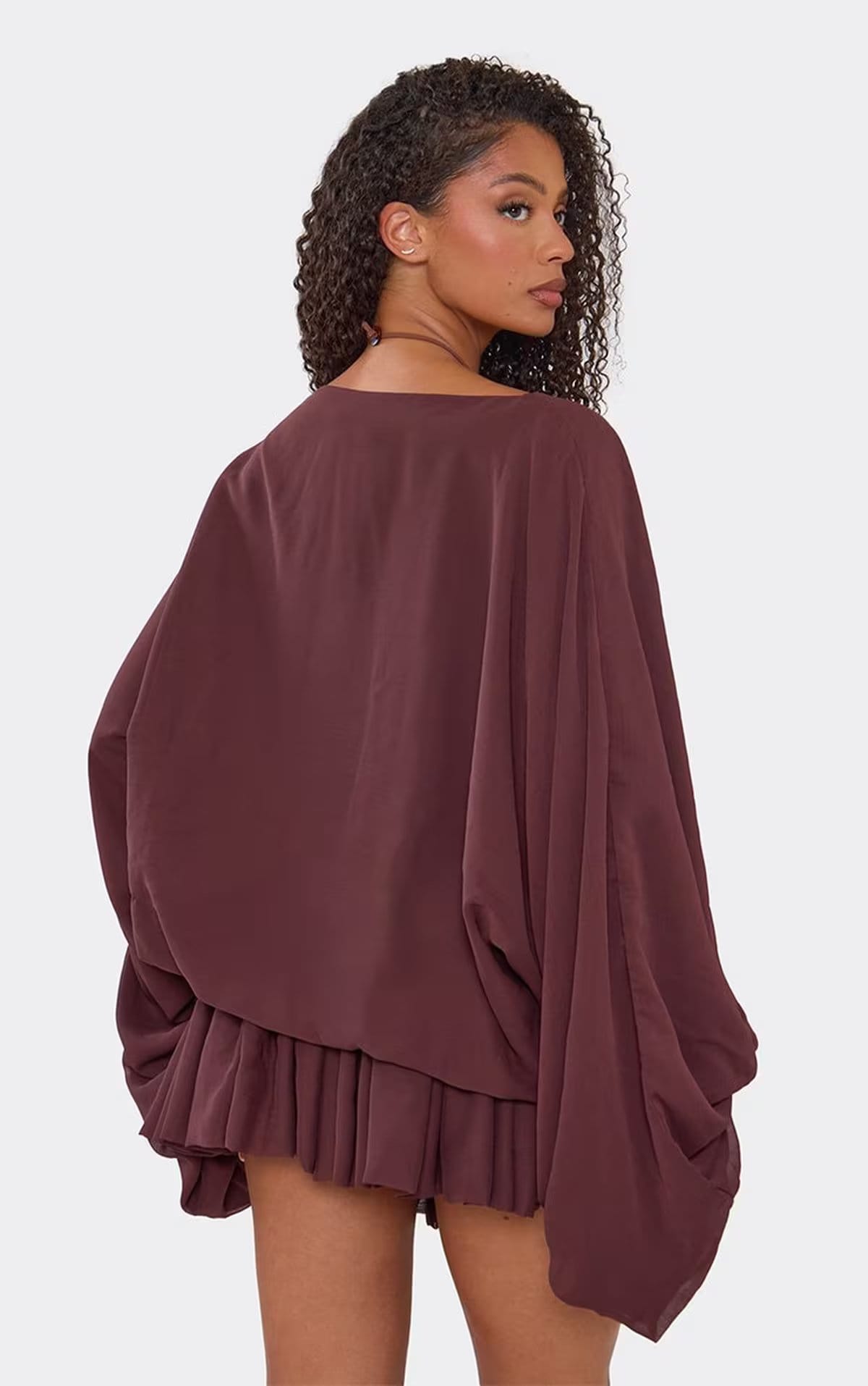 EGO Long Balloon Sleeve Puffball Mini Dress In Brown, Women's Size UK 6 - 1