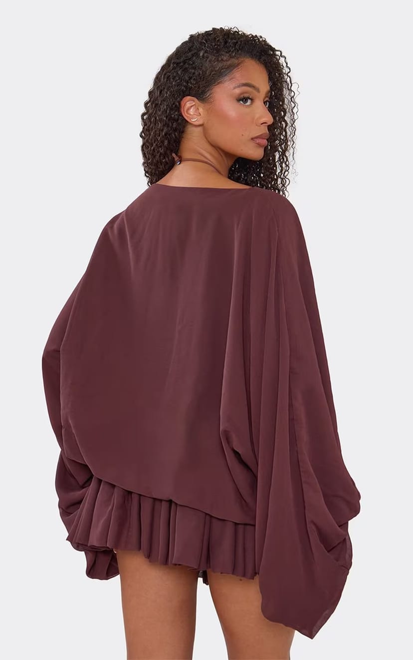 EGO Long Balloon Sleeve Puffball Mini Dress In Brown, Women's Size UK 6 - 1