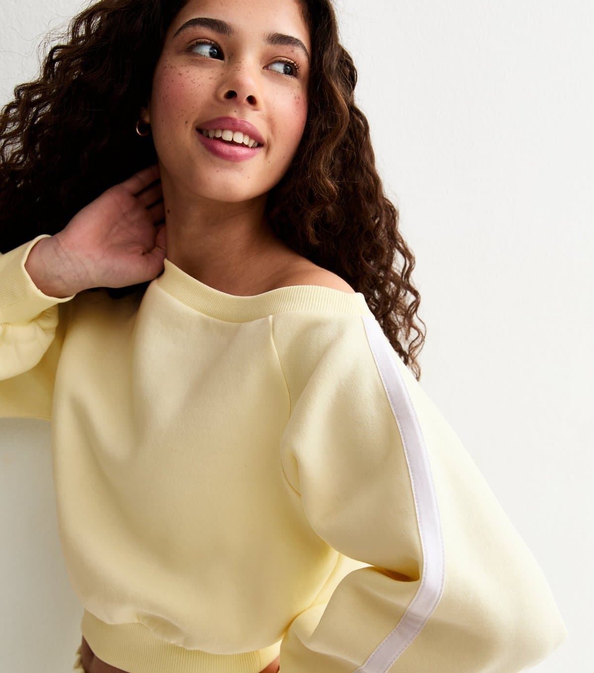 New Look Girls' Light Yellow Off The Shoulder Side Stripe Sweatshirt New Look