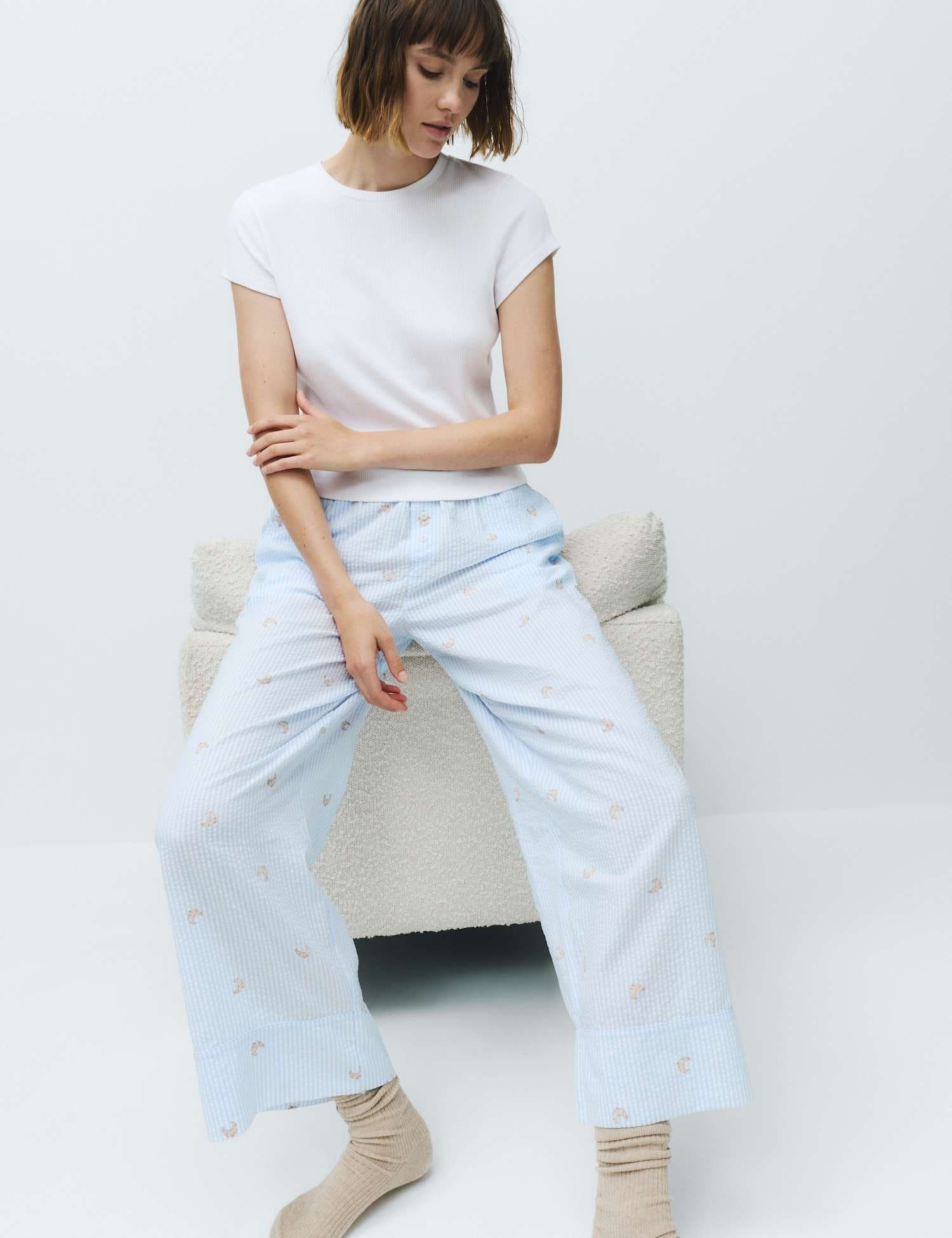 Marks & Spencer M&S Cotton Modal Seersucker Pyjama Bottoms Blue Mix
