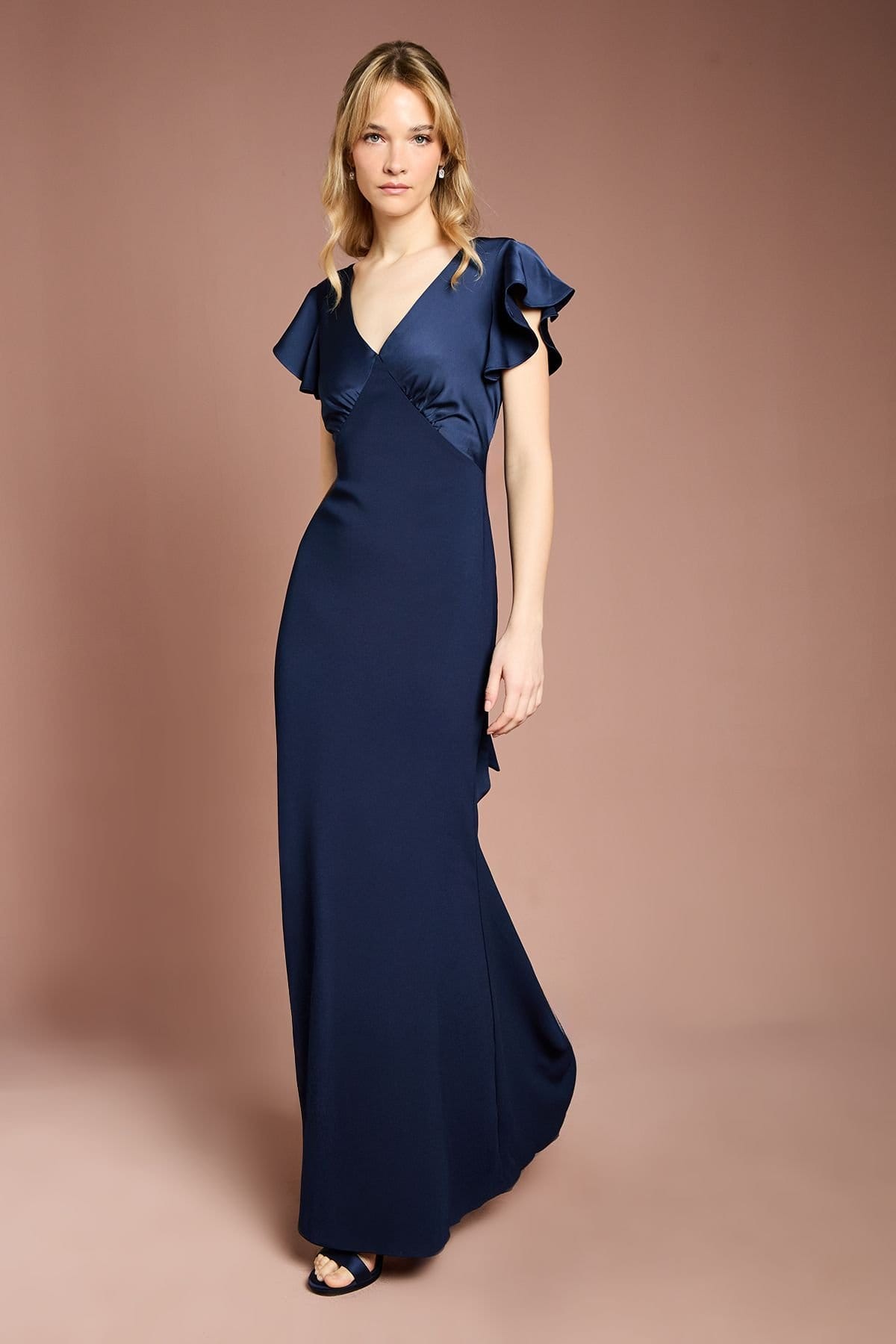 Coast Coast Women's Honoured V Neck Angel Short Sleeve Satin Maxi Bridesmaid Dress in Navy - 4