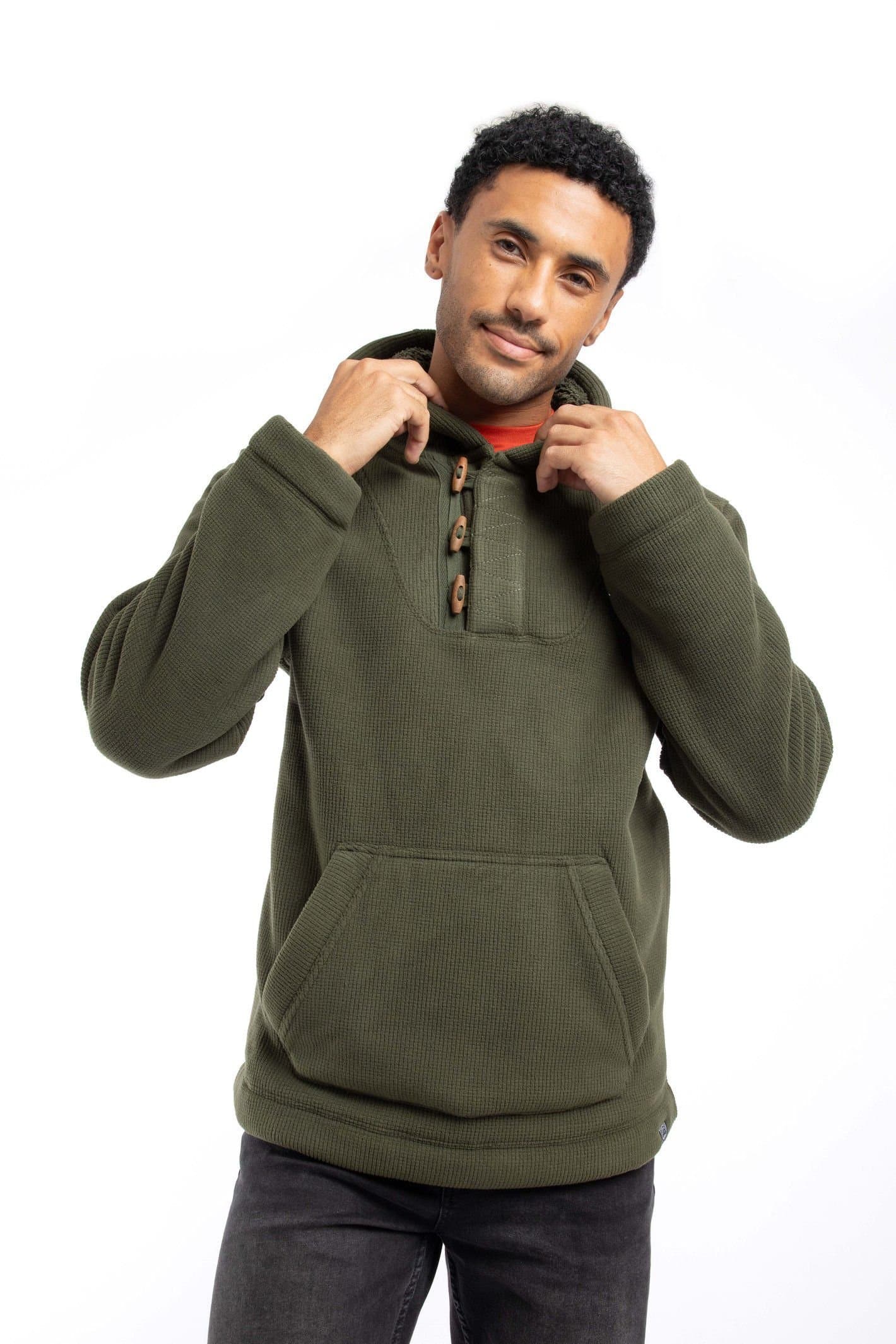 Weird Fish Weird Fish Men's Inglewood Button Neck Grid Fleece Hoodie in Dark Green