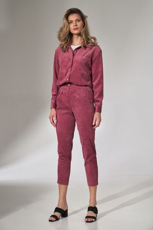 Love Lace Love Lace Women's Corduroy Pleated Waist Tapered Trousers in Pink - 2