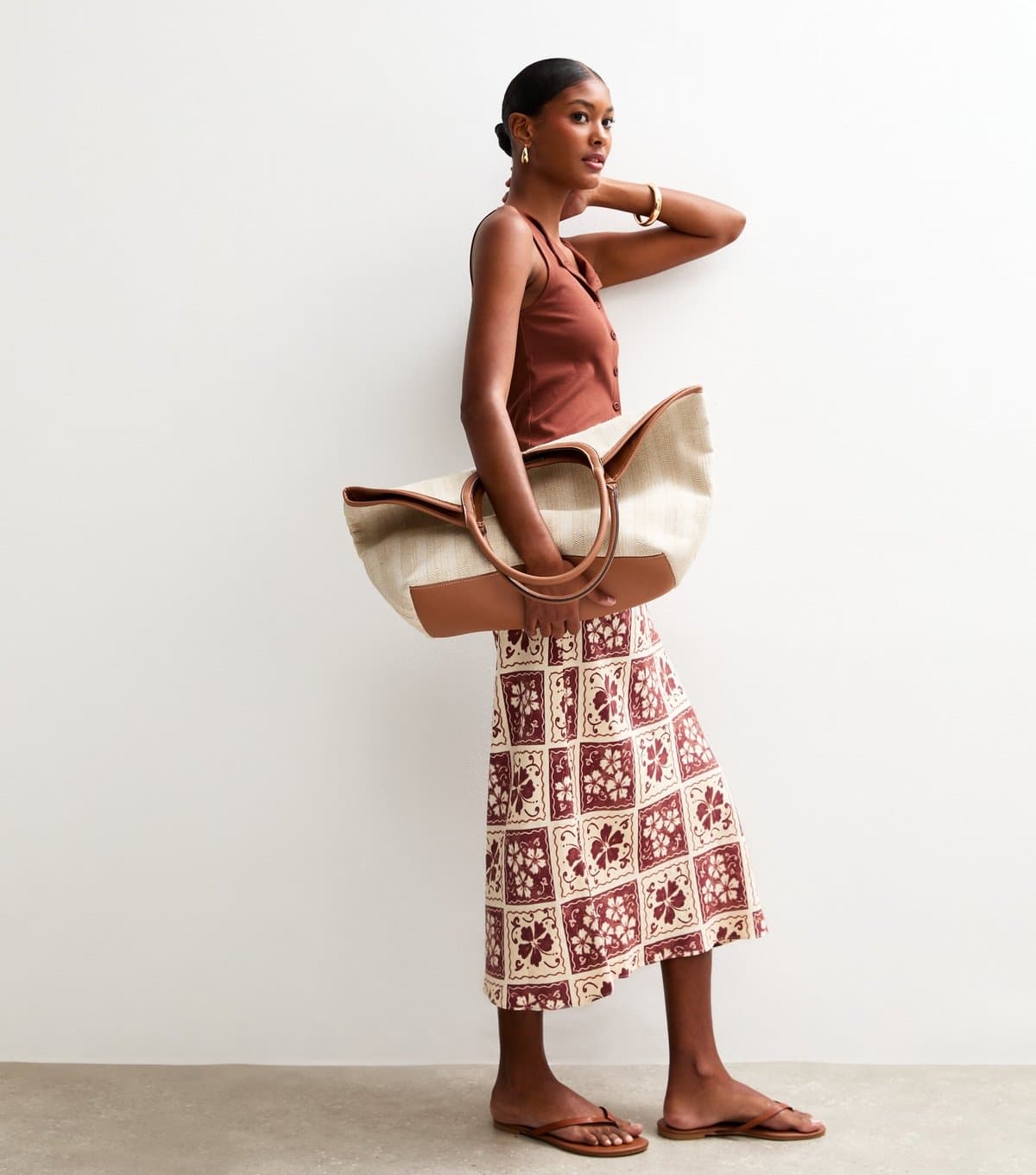 New Look Women's Brown Hibiscus Print Midi Skirt New Look
