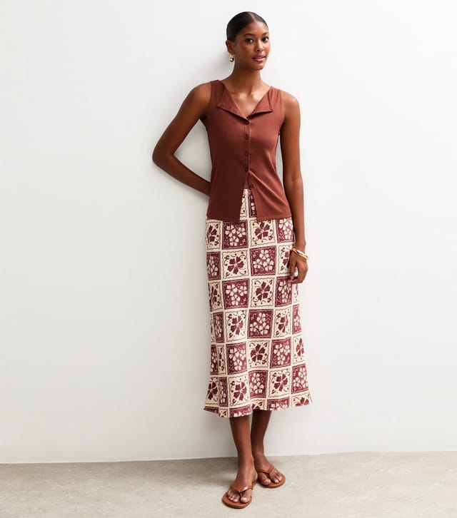 New Look Women's Brown Hibiscus Print Midi Skirt New Look - 3