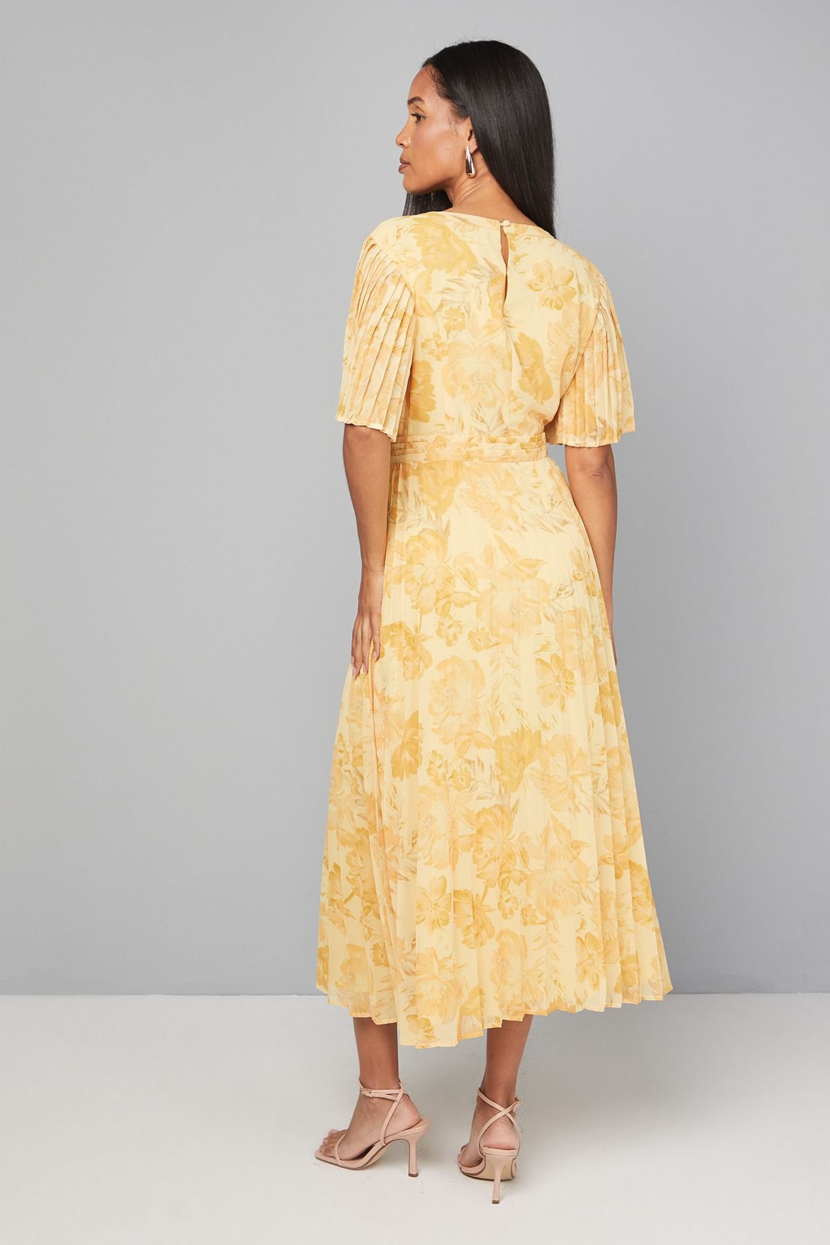 Wallis Wallis Women's Floral Chiffon Pleated Sleeve Midi Dress in Yellow - 3
