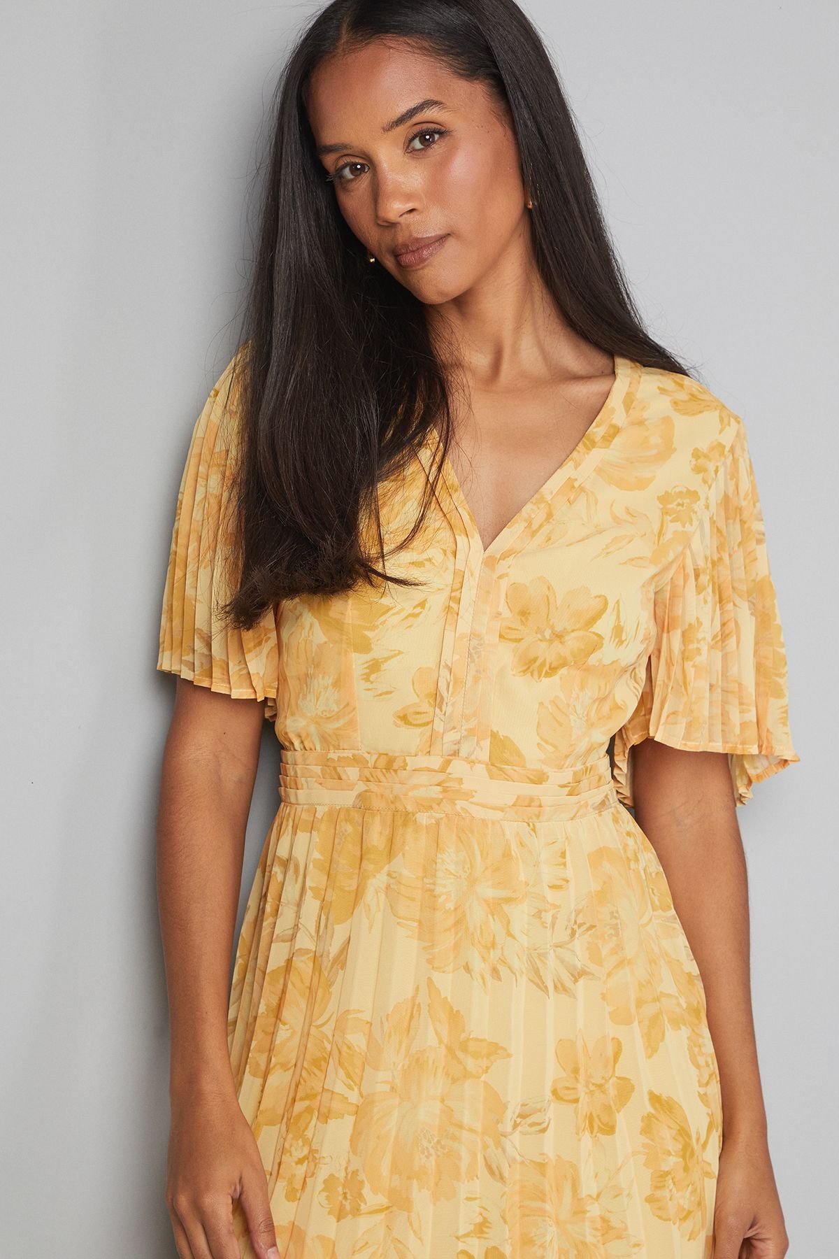 Wallis Wallis Women's Floral Chiffon Pleated Sleeve Midi Dress in Yellow - 4