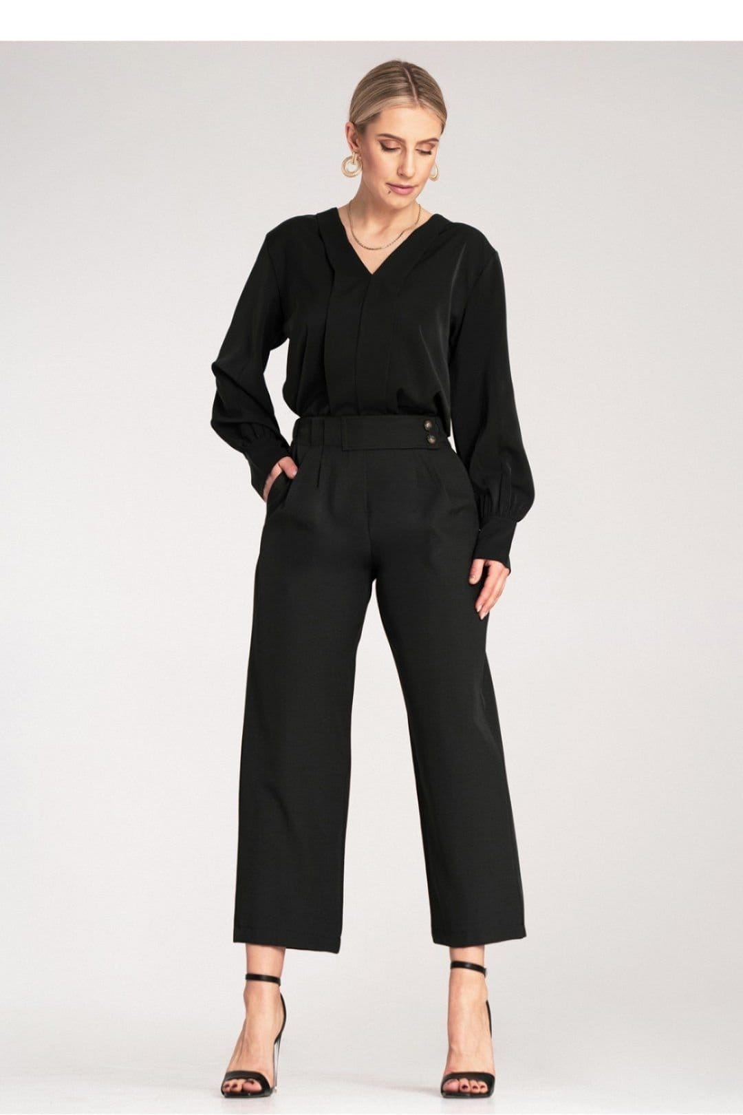 Love Lace Love Lace Women's High Waist Pleated Panel Button Trousers in Black - 4