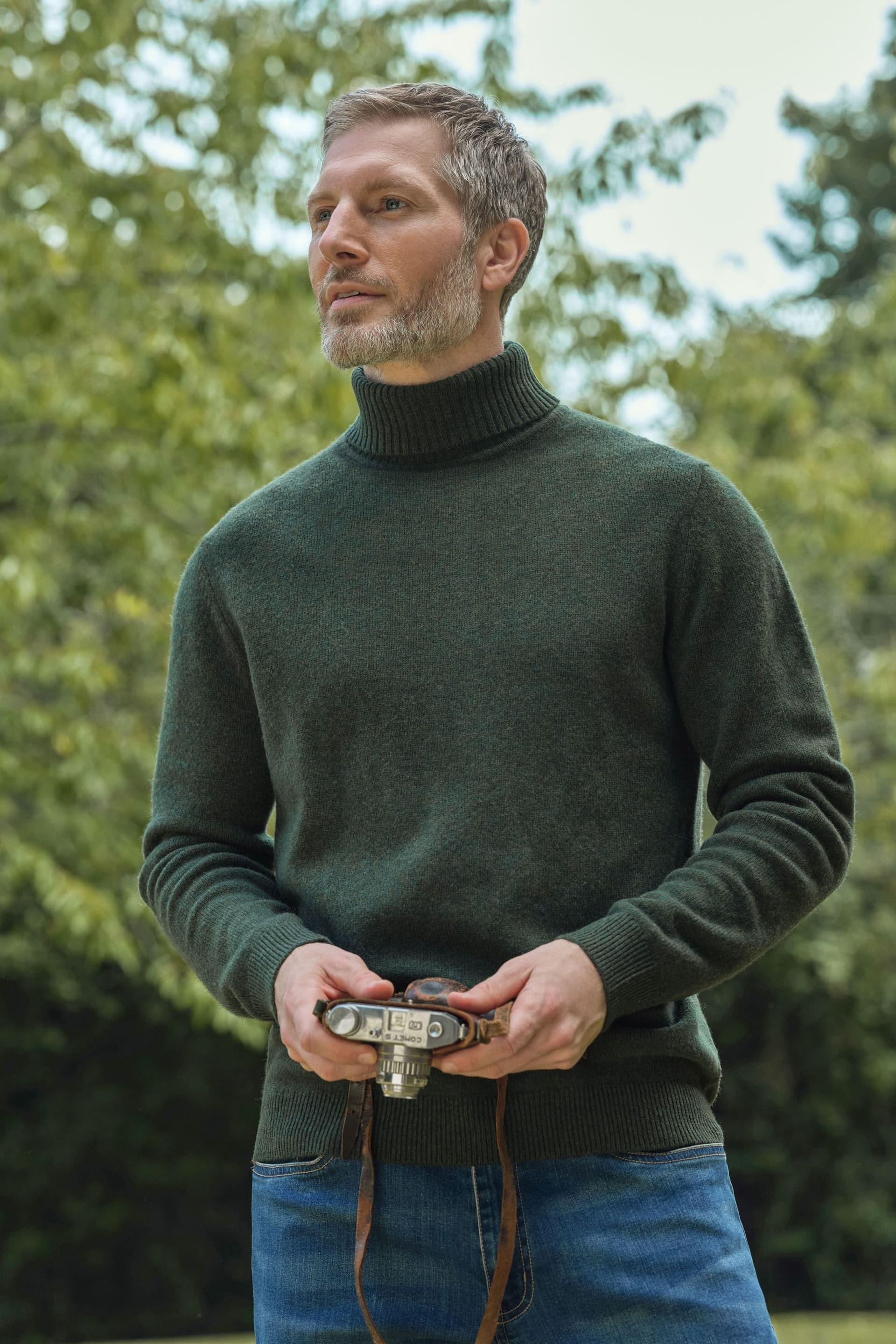 WoolOvers WoolOvers Men's Mens Lambswool Polo Neck Jumper in Dark Green