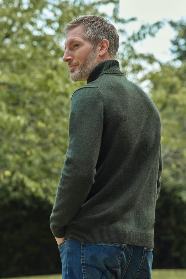 WoolOvers WoolOvers Men's Mens Lambswool Polo Neck Jumper in Dark Green - 3