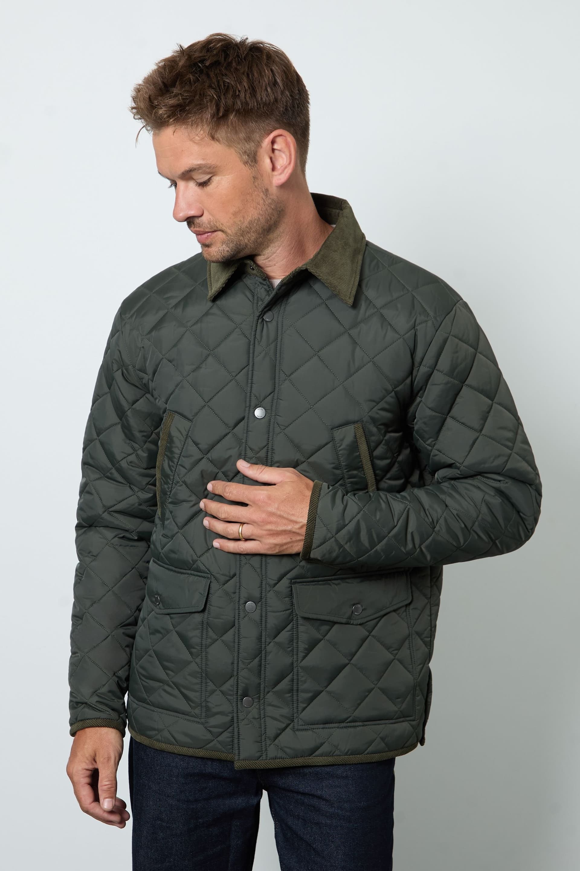Maine Maine Men's Dark Green Cord Collar Diamond Quilted Jacket