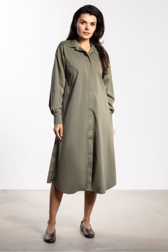 Love Lace Love Lace Women's Belted Shirt Style Midi Button Dress in Green - 2