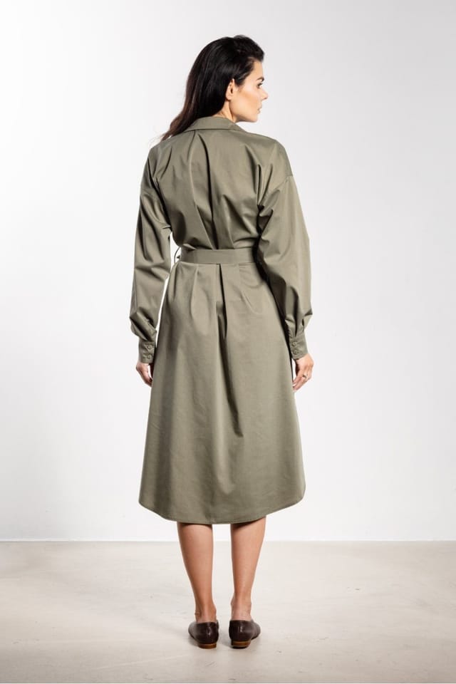 Love Lace Love Lace Women's Belted Shirt Style Midi Button Dress in Green - 3