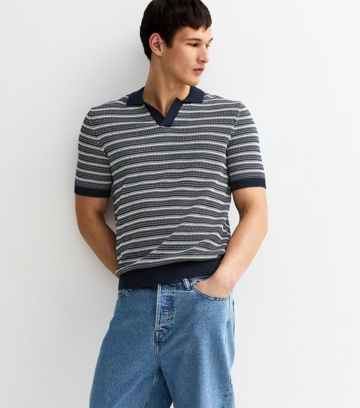 Only and Sons Men's Navy Geometric Knit Polo Shirt Only and Sons New Look