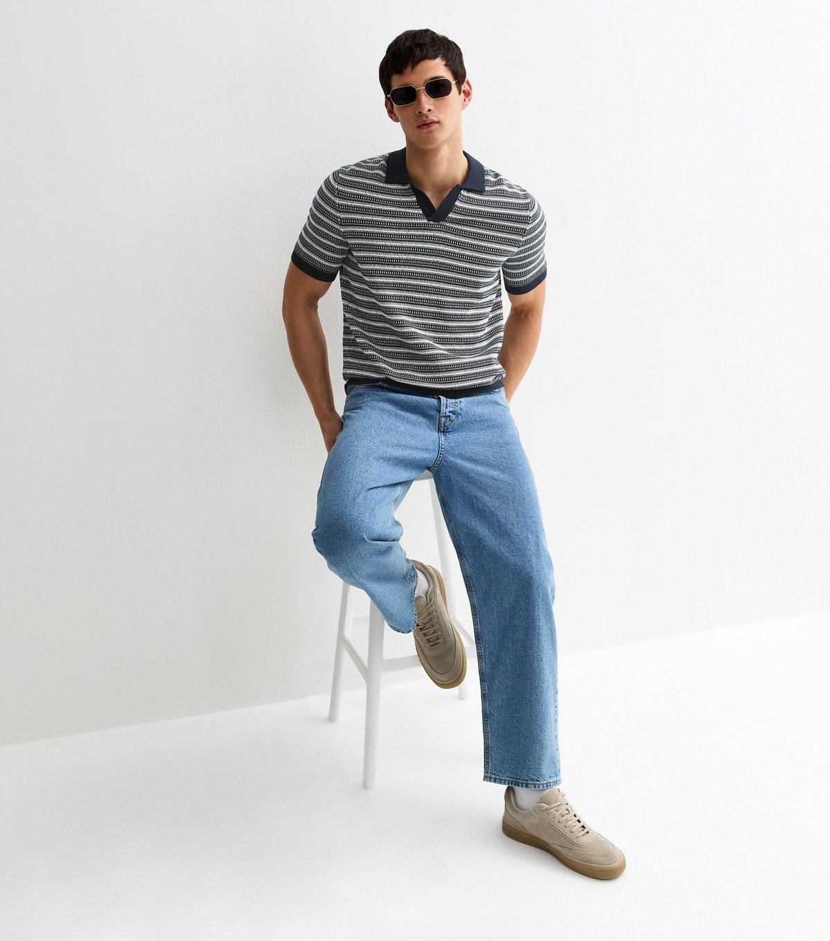 Only and Sons Men's Navy Geometric Knit Polo Shirt Only and Sons New Look - 3