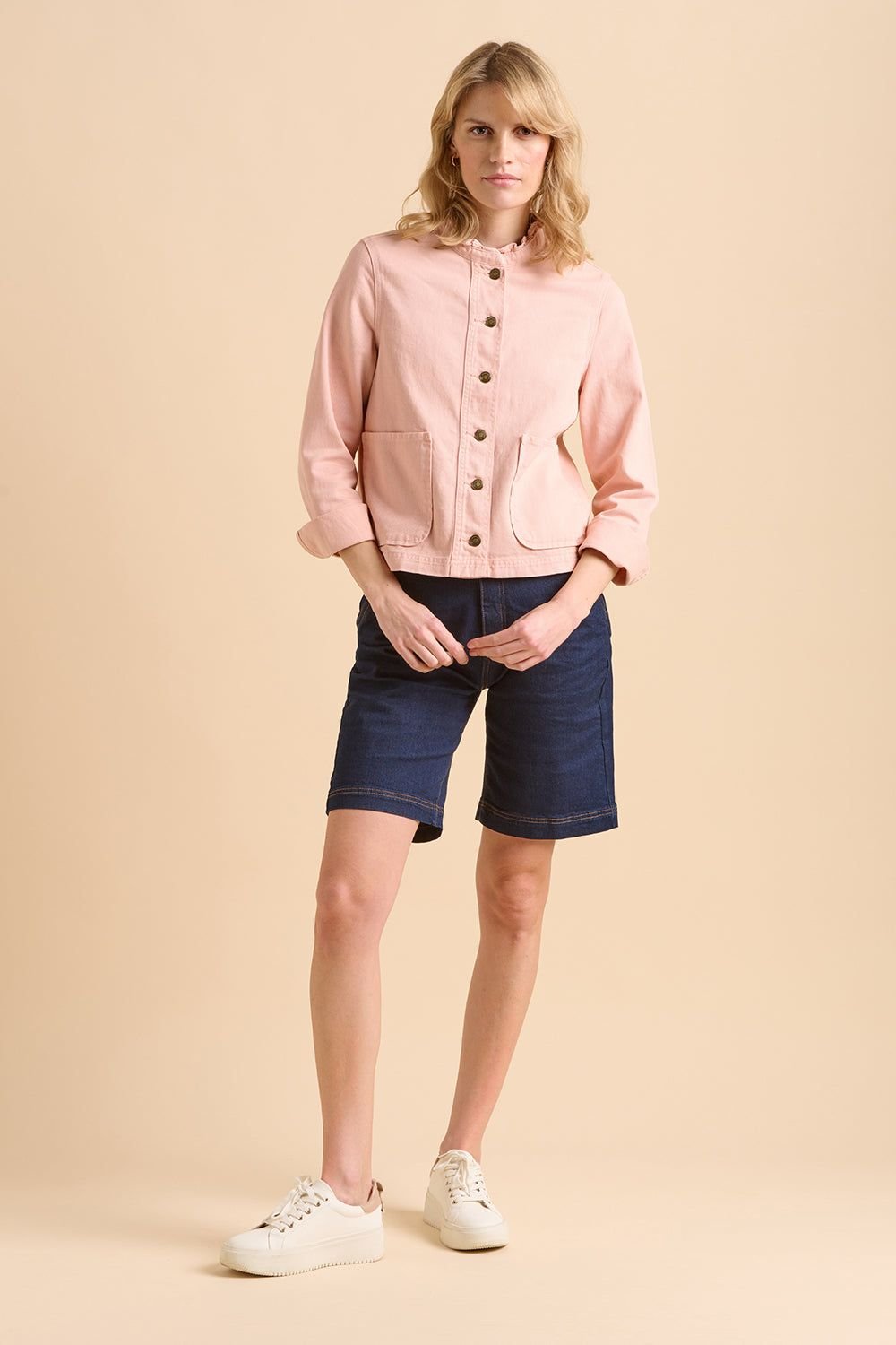 Brakeburn Brakeburn Women's Frill Neck Denim Jacket in Pink - 2