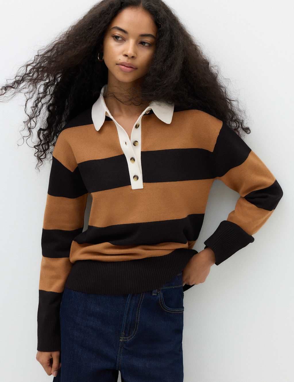 Marks & Spencer M&S Striped Knitted Rugby Top with Wool Camel Mix