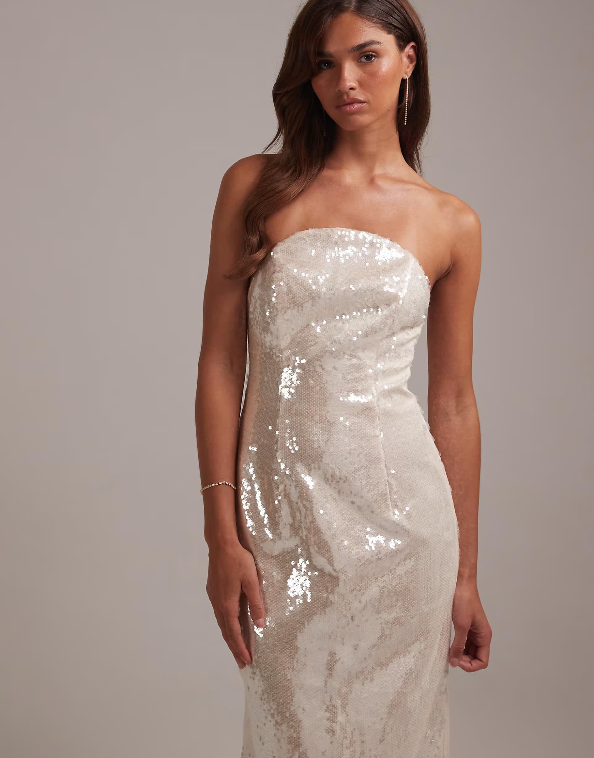 ASOS ASOS DESIGN bridal sequin crescent neckline bandeau column midaxi dress in silver