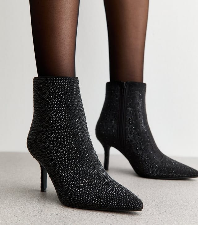 New Look Women's Black Diamante Embellished Point Toe Boots Vegan New Look - 2