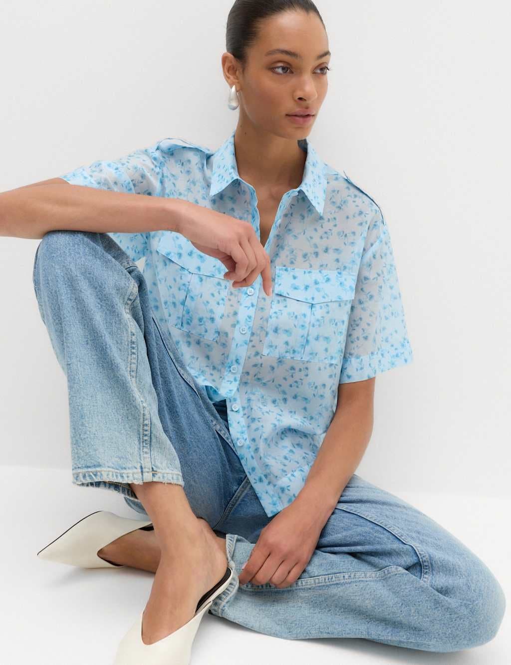 Marks & Spencer M&S Lyocell Rich Floral Utility Shirt Blue Mix