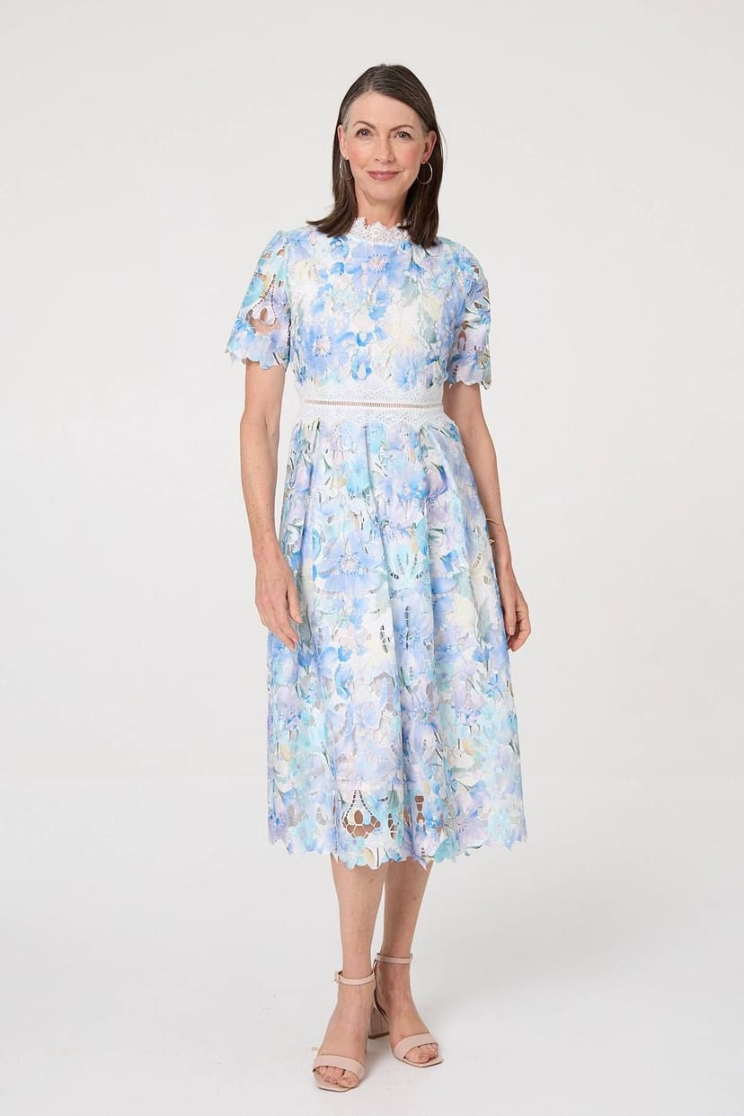 Izabel London Izabel London Women's Floral Semi Sheer Lace Layer Midi Dress in Blue - 1