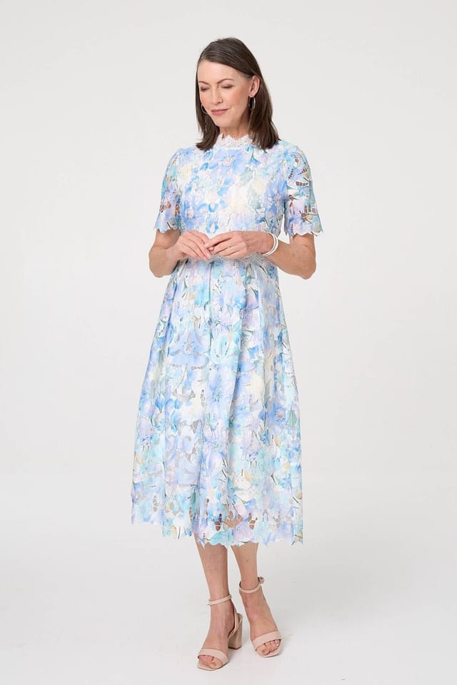 Izabel London Izabel London Women's Floral Semi Sheer Lace Layer Midi Dress in Blue - 2
