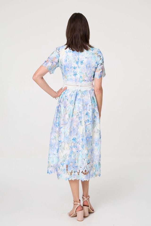 Izabel London Izabel London Women's Floral Semi Sheer Lace Layer Midi Dress in Blue - 3