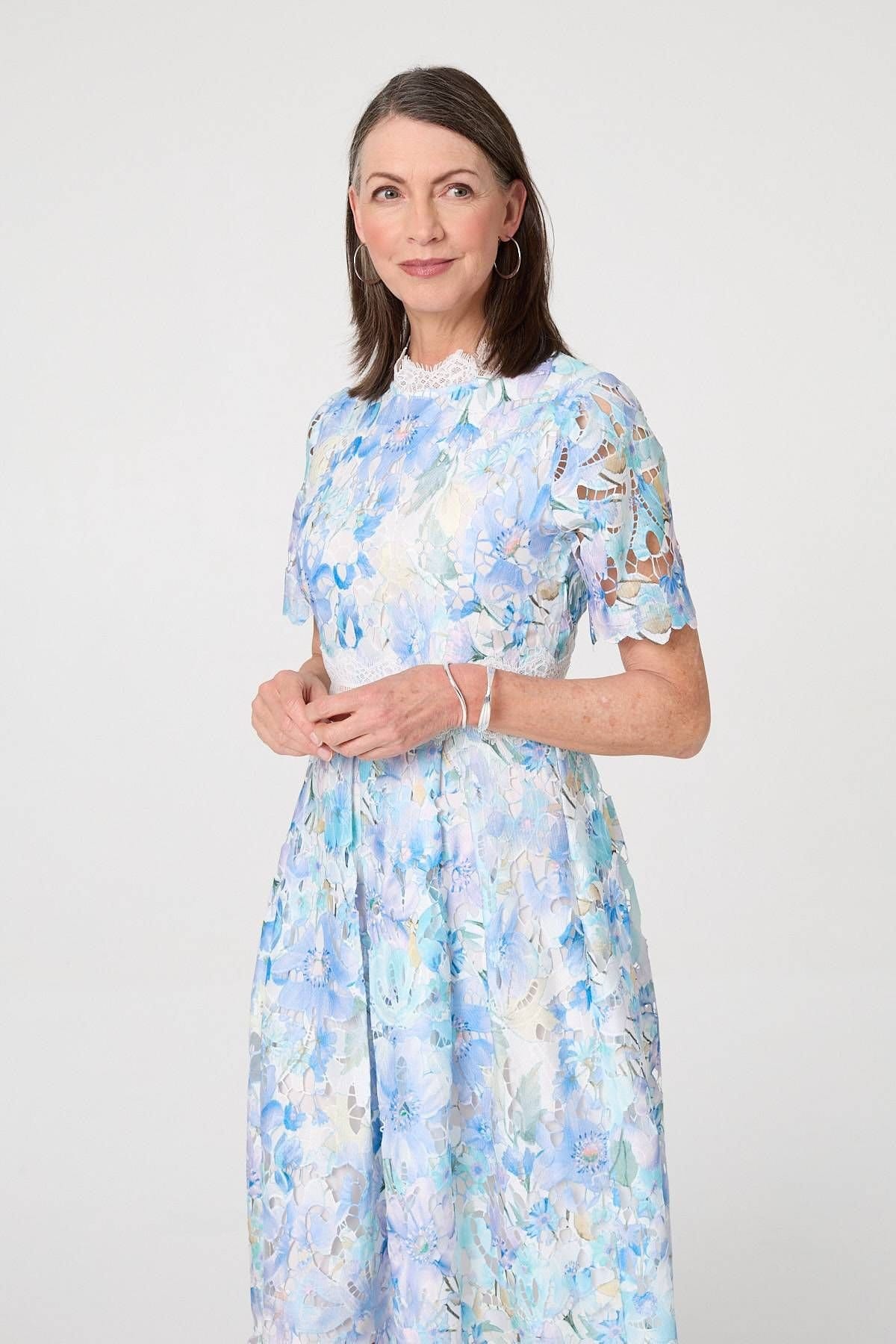 Izabel London Izabel London Women's Floral Semi Sheer Lace Layer Midi Dress in Blue - 4