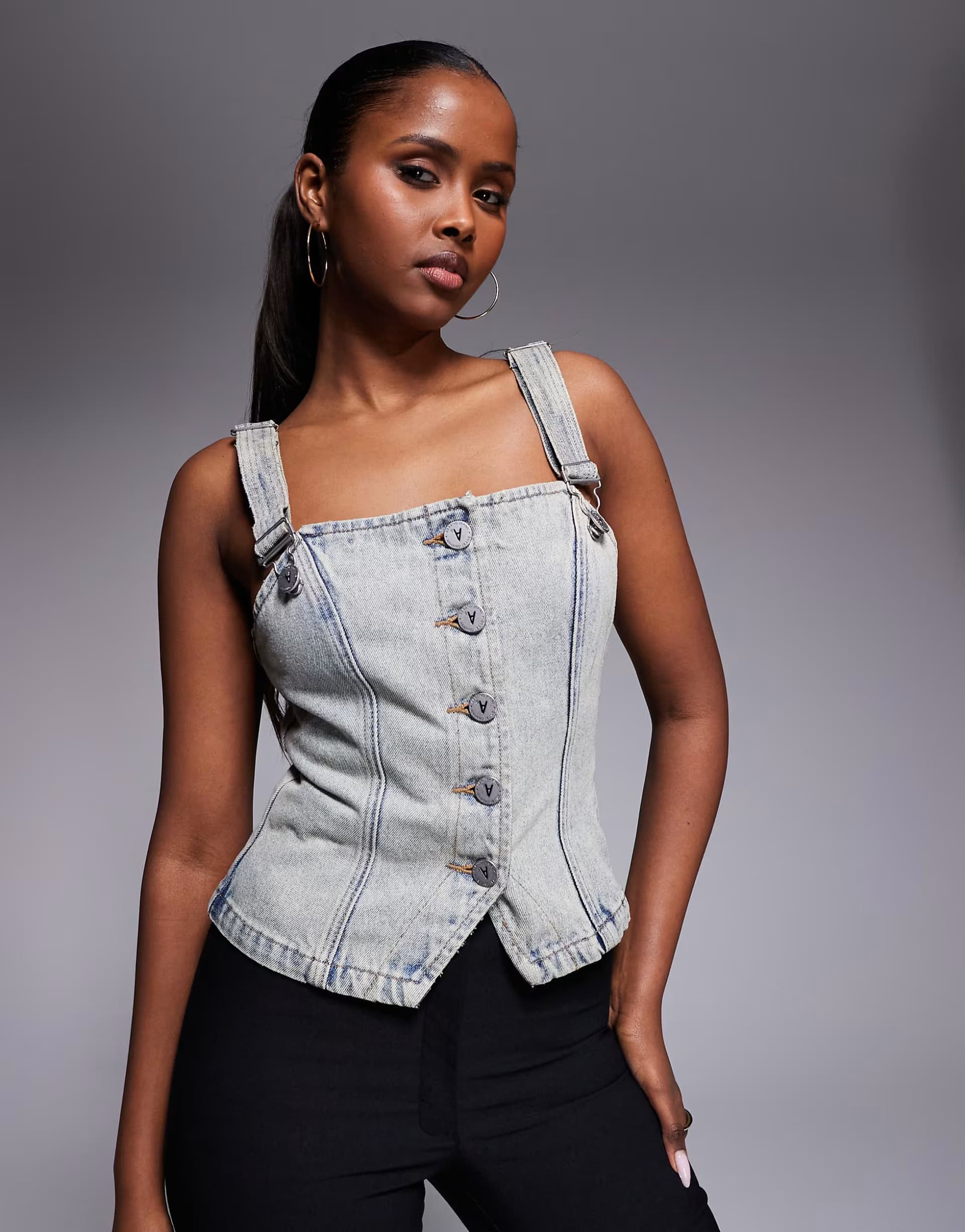 ASOS Abrand Jeans denim halter neck buttoned waistcoat co-ord in blue