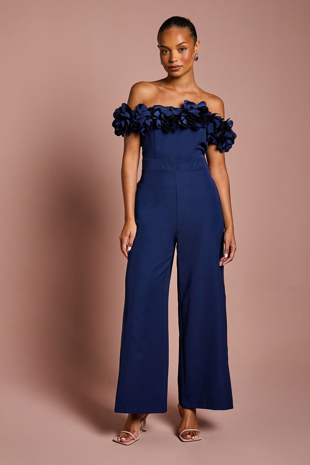 Coast Coast Women's Petite 3D Flower Bardot Jumpsuit in Navy
