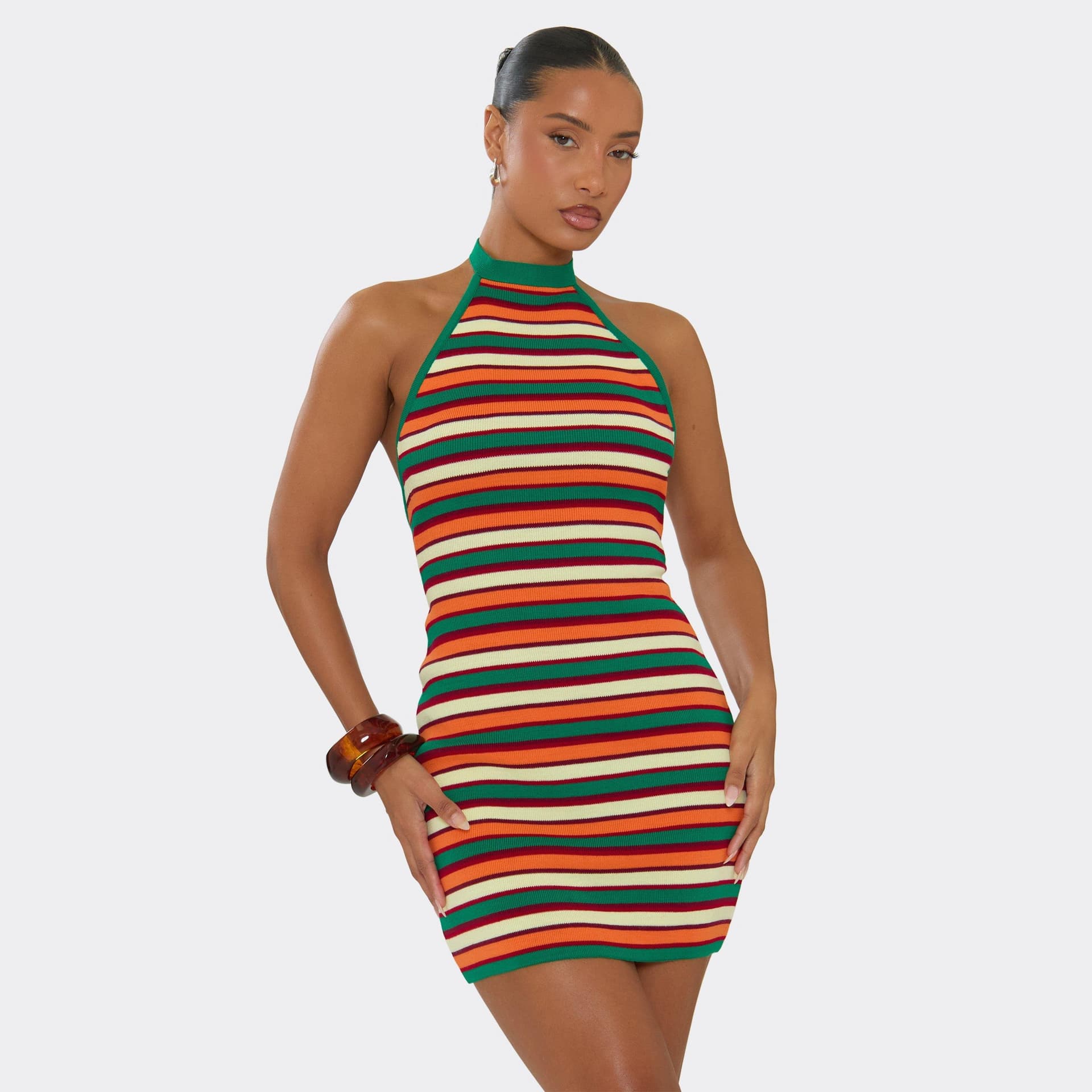 EGO High Neck Mini Dress In Multi Stripe Knit, Women's Size UK L