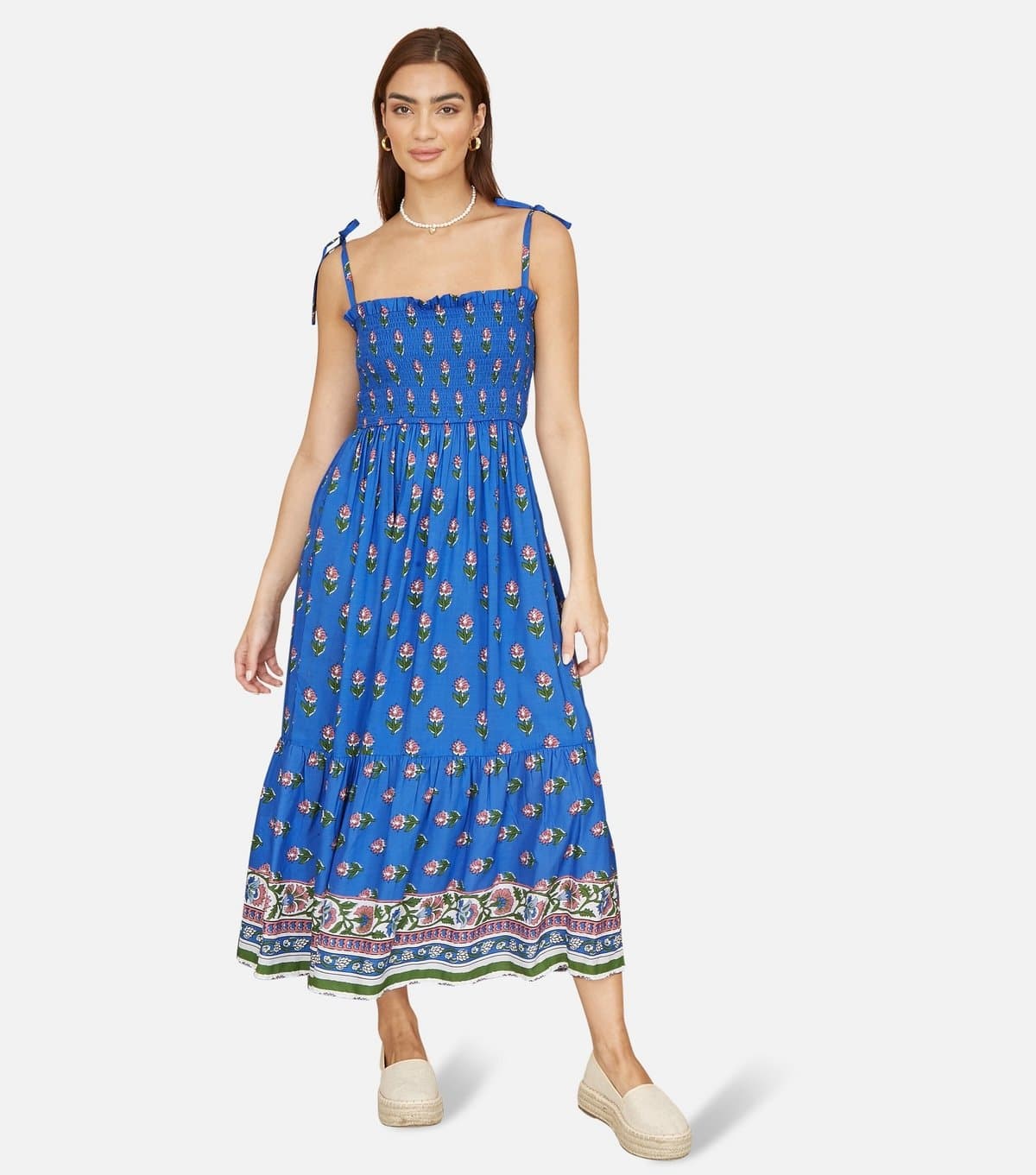 Yumi Women's Blue Floral Print Smocked Sun Dress Yumi New Look