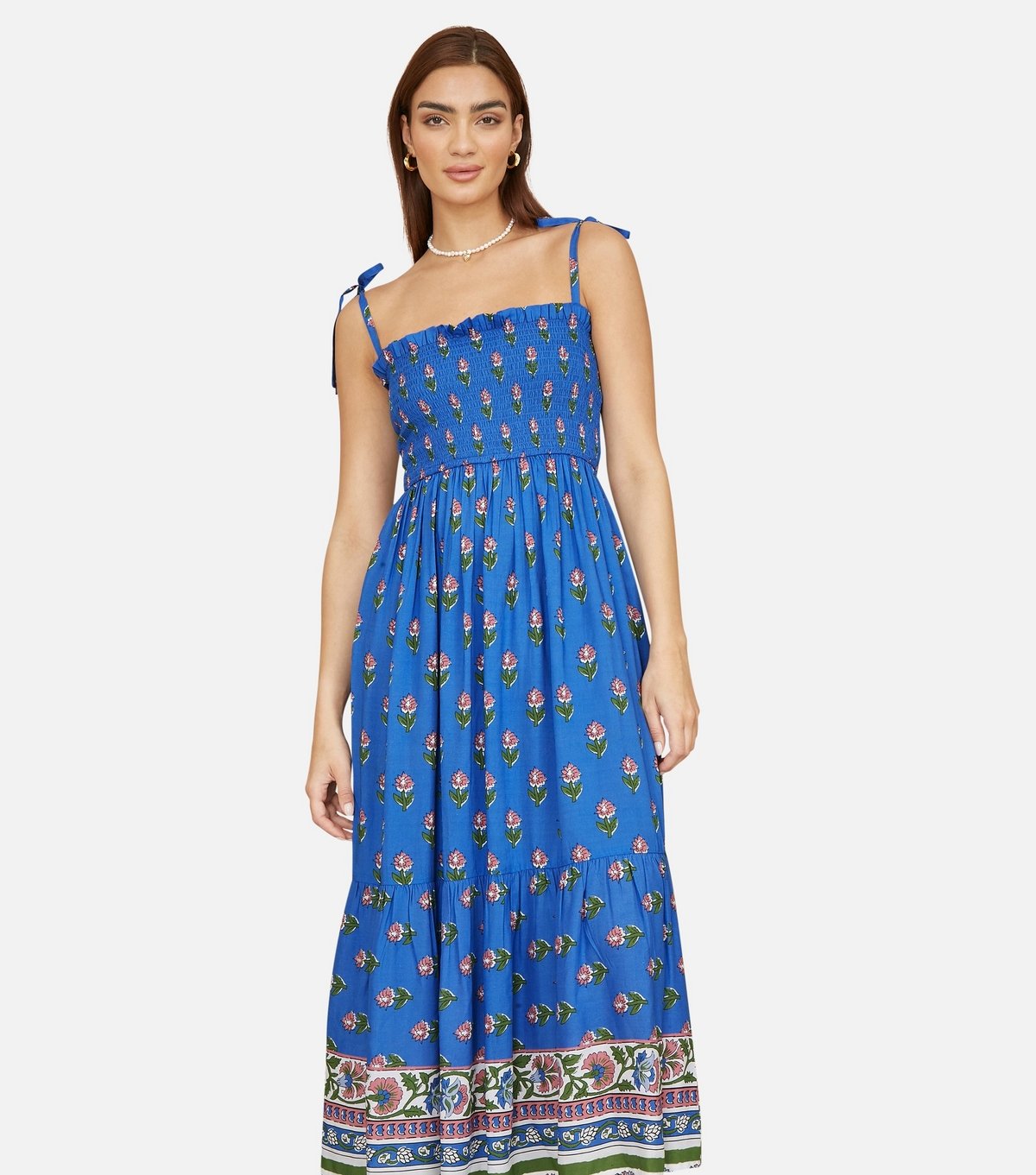 Yumi Women's Blue Floral Print Smocked Sun Dress Yumi New Look - 2