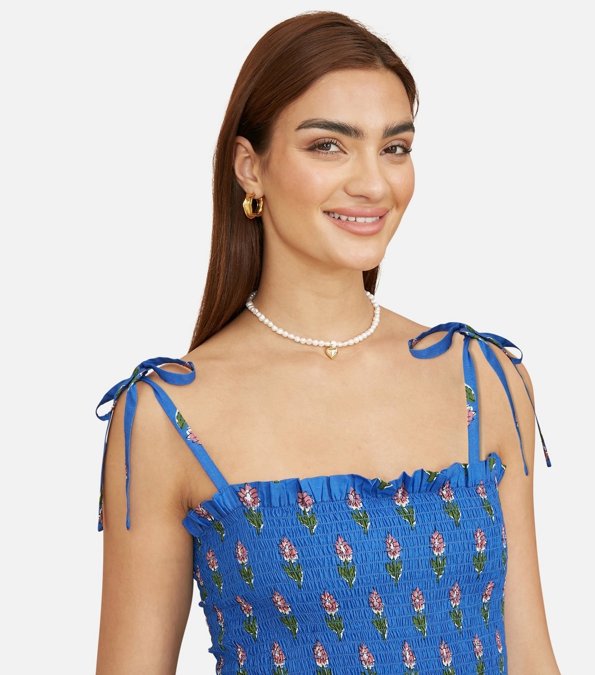 Yumi Women's Blue Floral Print Smocked Sun Dress Yumi New Look - 3