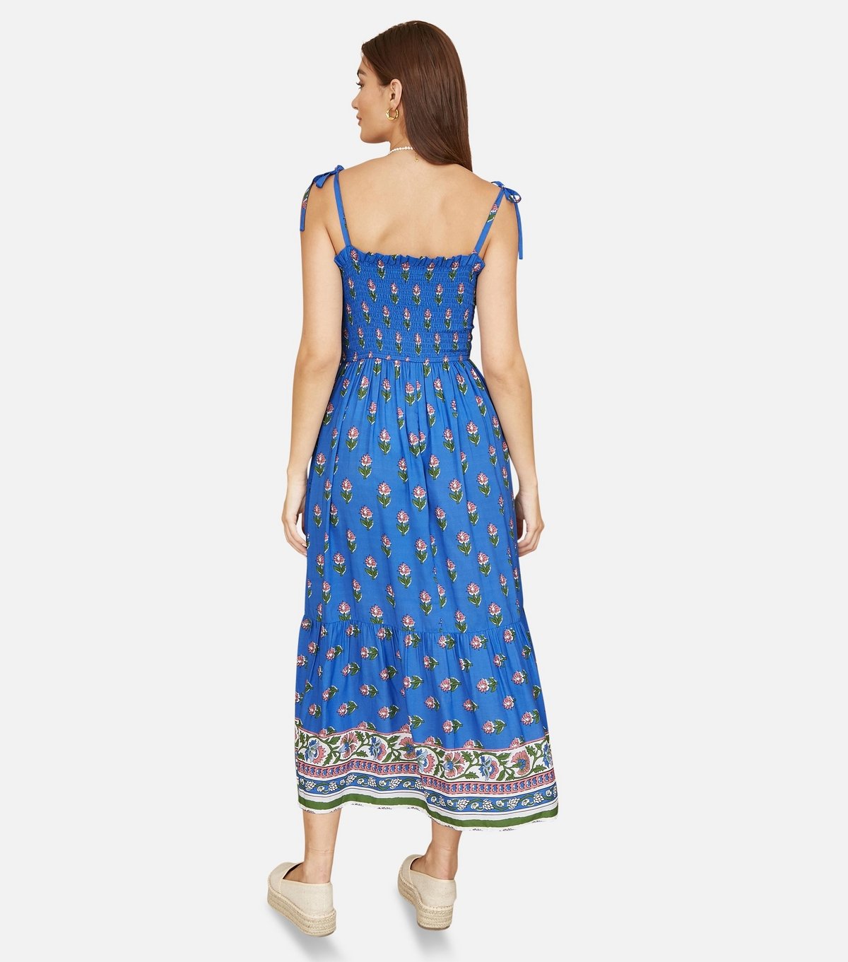 Yumi Women's Blue Floral Print Smocked Sun Dress Yumi New Look - 4