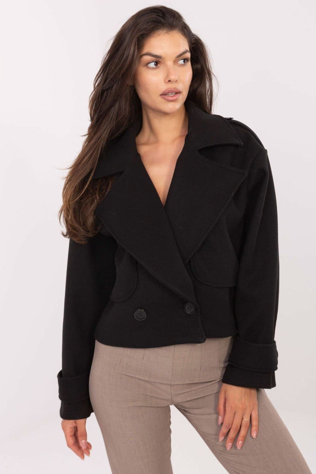 Love Lace Love Lace Women's Short Double Breasted Trench Coat with Lapels in Black
