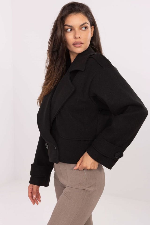Love Lace Love Lace Women's Short Double Breasted Trench Coat with Lapels in Black - 2