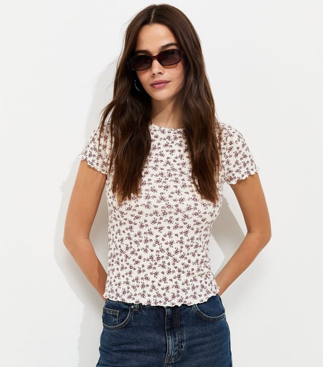New Look Women's Cream Cotton Rich Floral Ribbed Babylock T-Shirt New Look - 2