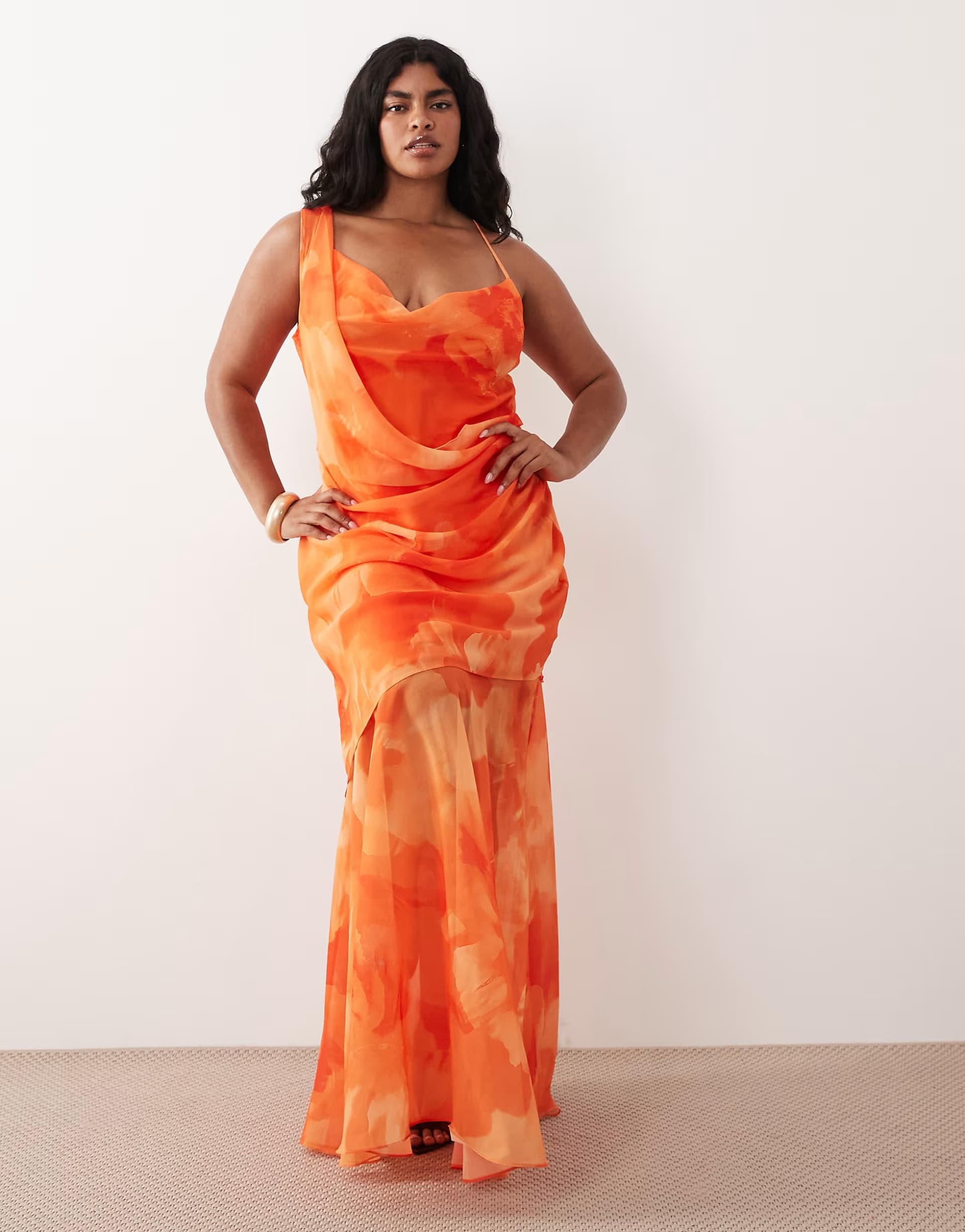 ASOS TFNC Plus chiffon cowl neck maxi dress in orange floral print